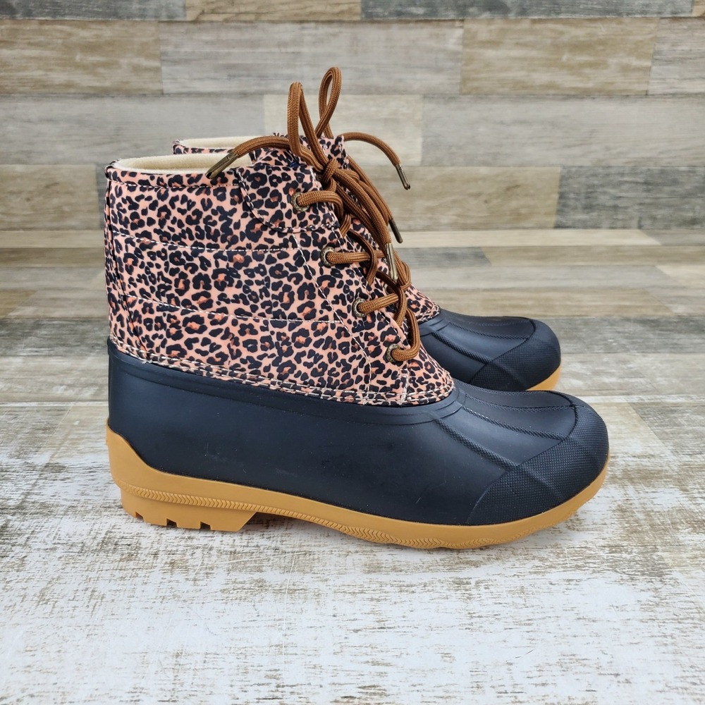 Sperry Port Girls Duck Boots Sz 5 M Cheetah Print Fleece Lined Round Toe Lace Up